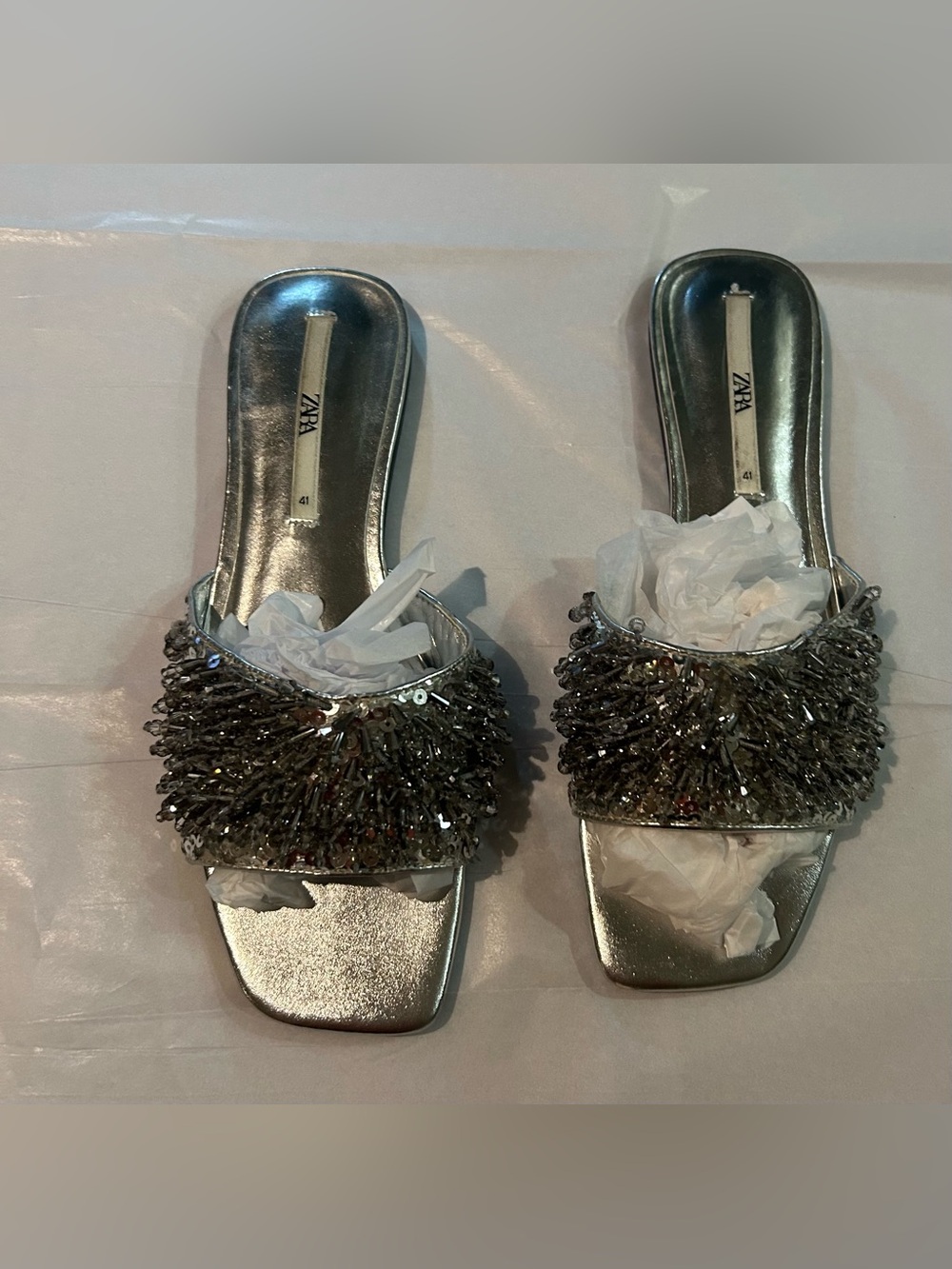 ZARA SILVER flat slide sandal , sparkly beaded fringe